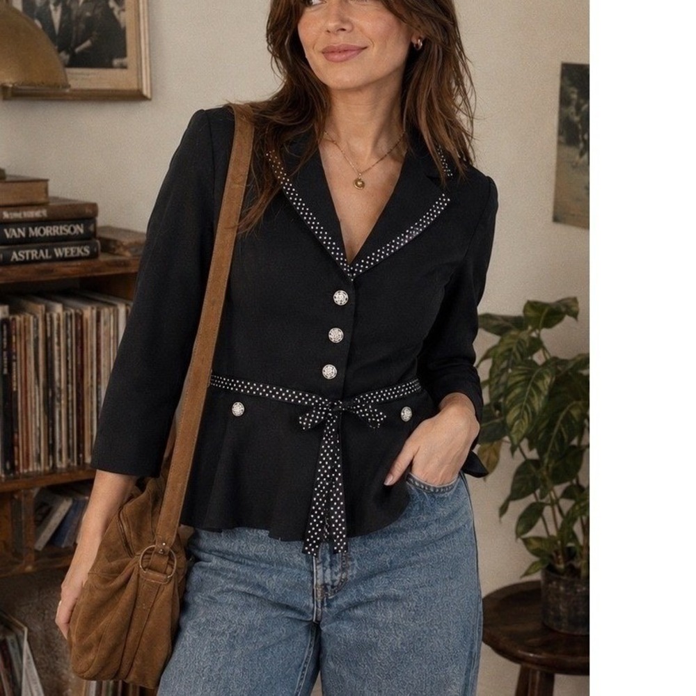 VTG Sag Harbor Peplum Blazer Wms 8 Black Pinstripe Ribbon Trim Rose Buttons Y2K